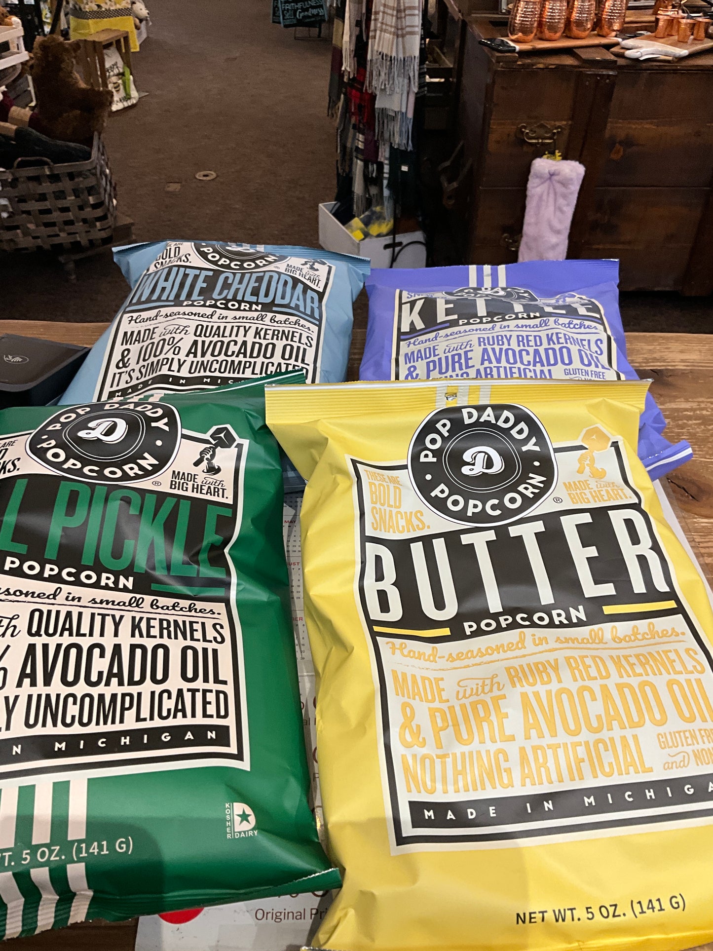 Pop Daddy Popcorn Dill Pickle/Natural Butter/White Cheddar/ Kettle Corn